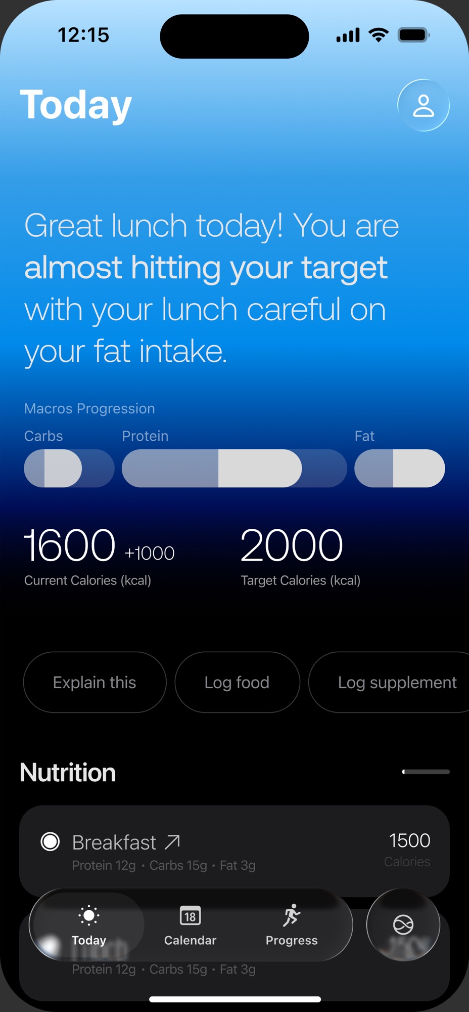 Power's Today screen after logging a meal, with calories and macros tracked against the day's targets