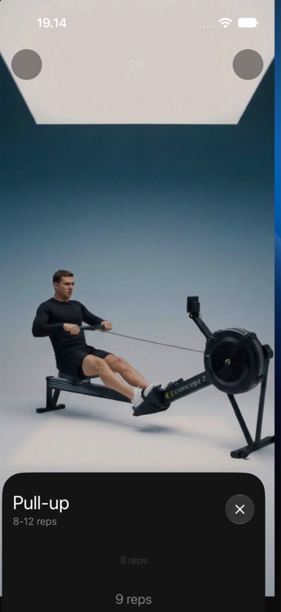 Power's exercise player: a studio demonstration of a rowing movement with the set and reps below