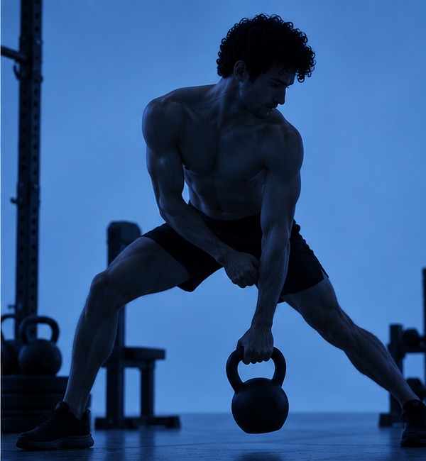 Silhouette of an athlete in a kettlebell lunge