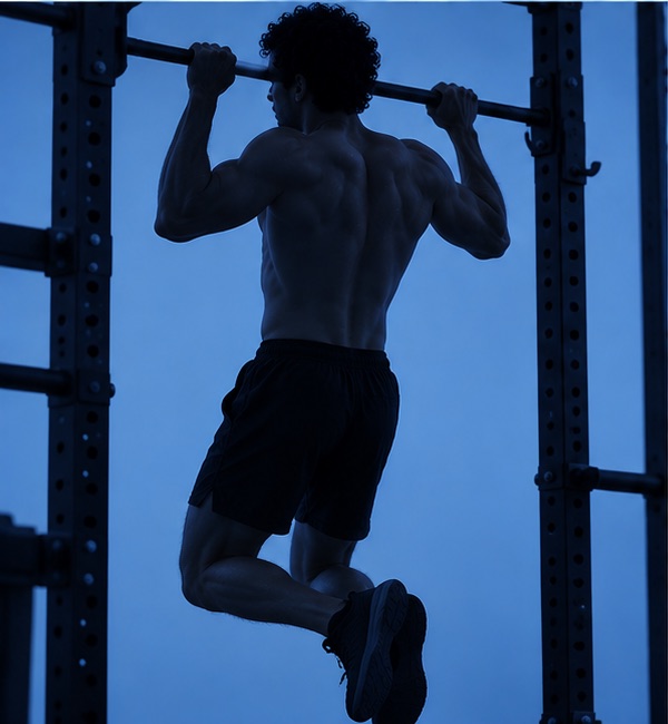 Silhouette of an athlete doing a pull-up in a rack
