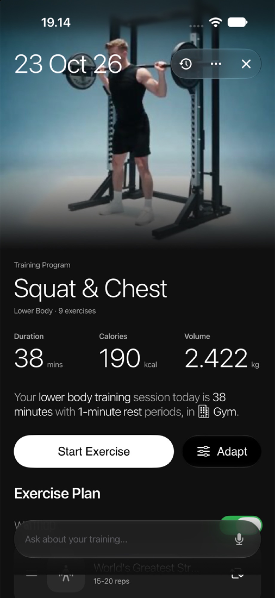 A workout in Power: Squat and Chest, 38 minutes, with a video still of the lift and the exercise plan